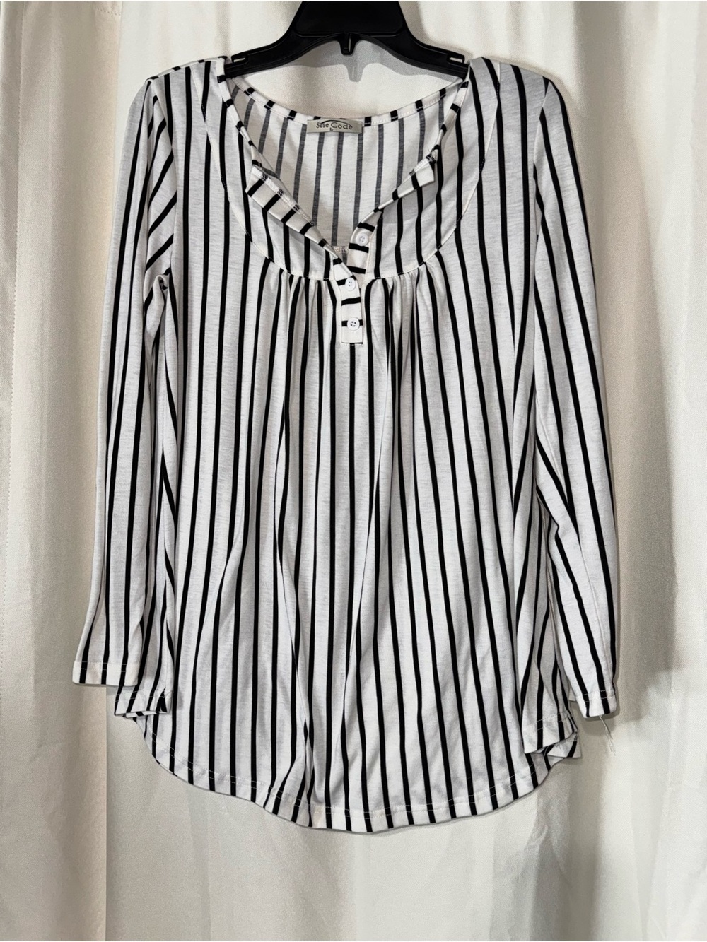Black and White Striped Long Sleeve Henley Top